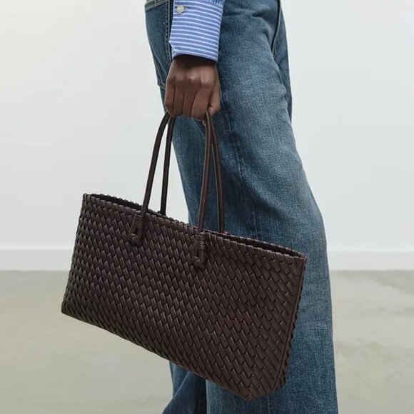 Designer Inspired Brown Woven East-West Style Shoulder Tote HandBag Work Travel - Picture 1 of 8